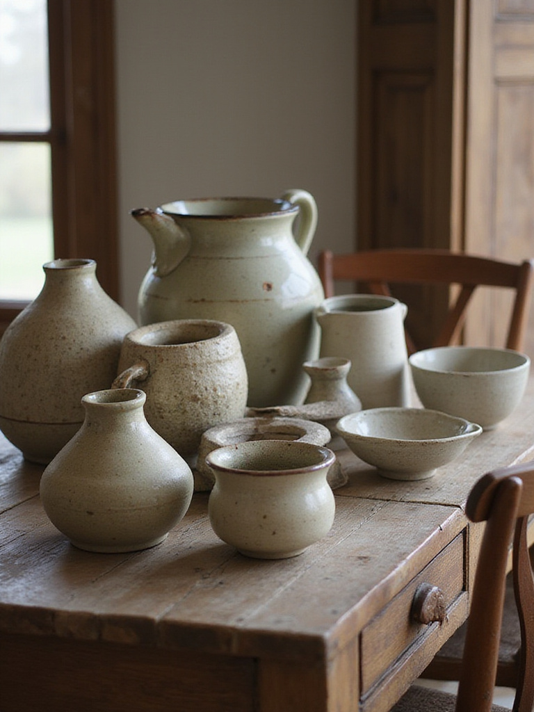 A rustic dining room featuring a display of handcrafted pottery on a wooden sideboard, illuminated by soft morning light.