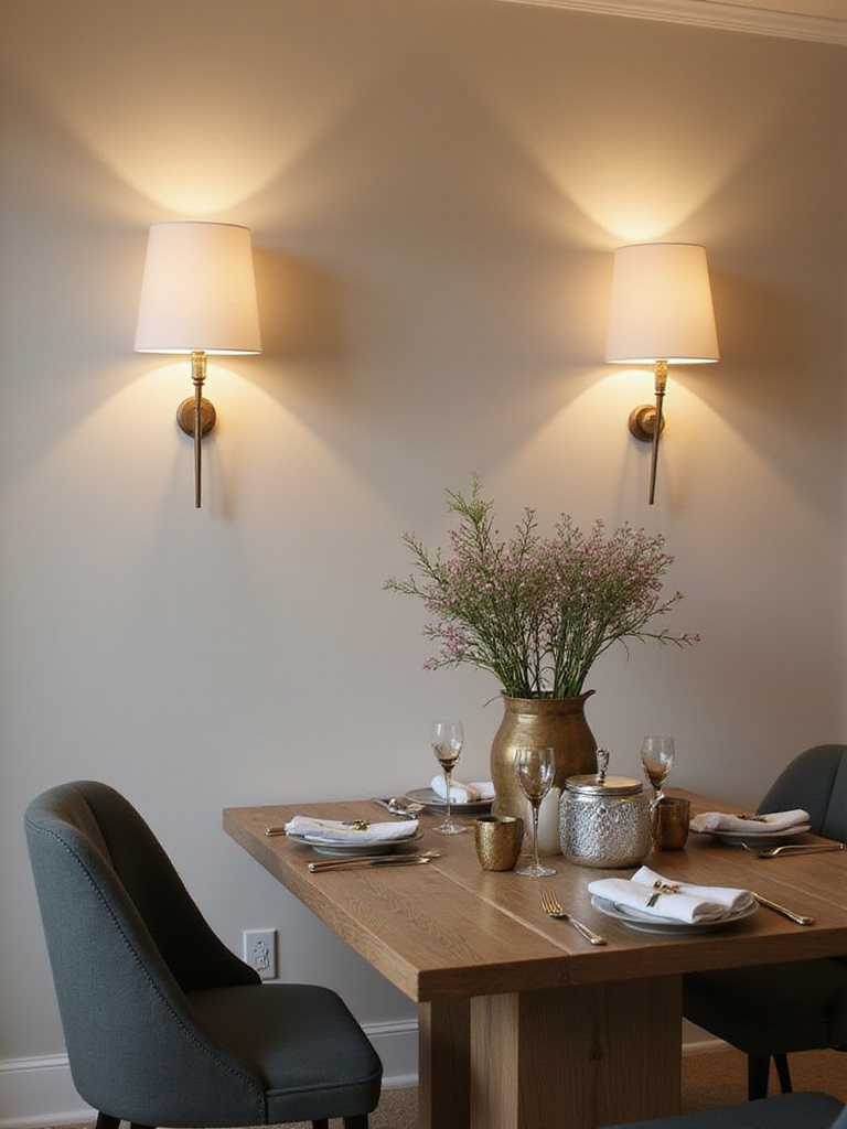 Contemporary dining room with elegant wall sconces providing ambient lighting.