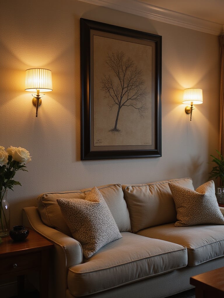 Living room showcasing elegant wall sconces illuminating a textured accent wall.