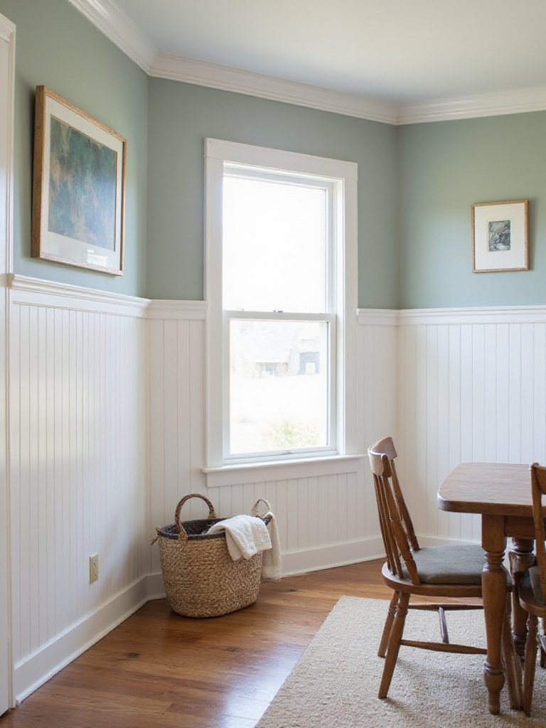 Rustic dining room with shiplap paneling and natural light