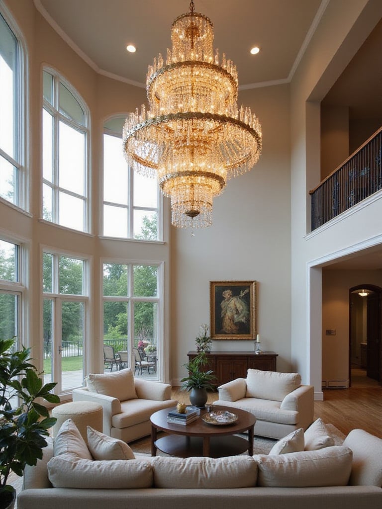 Elegant living room with high ceilings and a large chandelier.