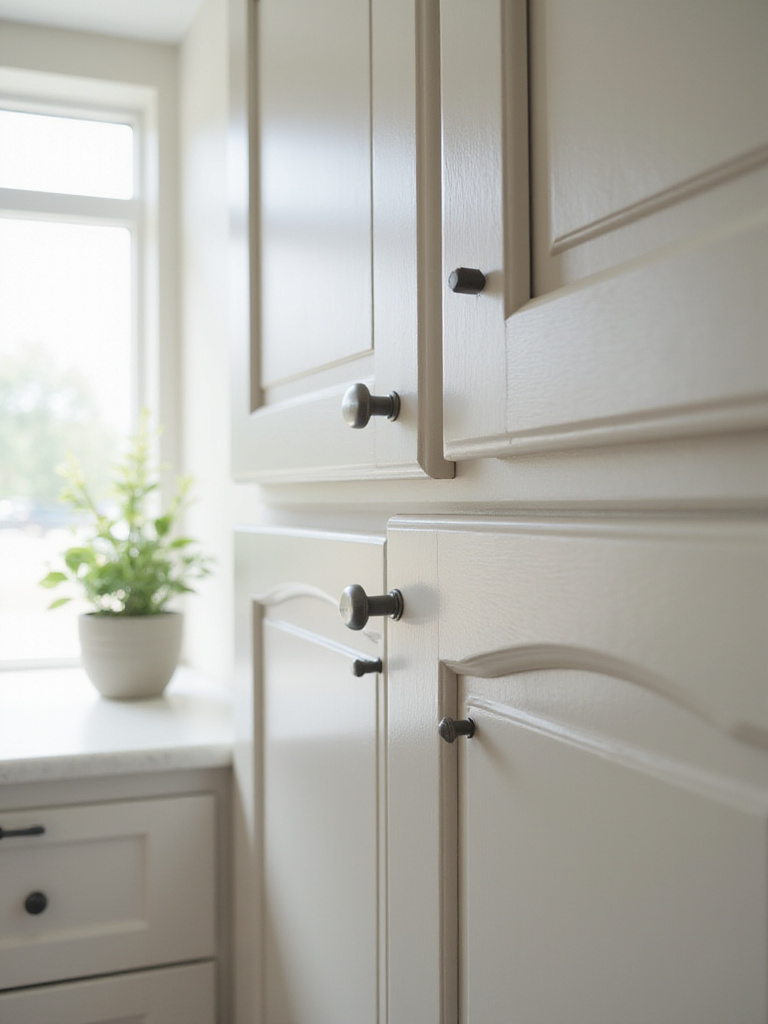 A professional photo displaying modern kitchen cabinet hardware, focusing on sleek knobs and pulls in a well-lit kitchen setting.