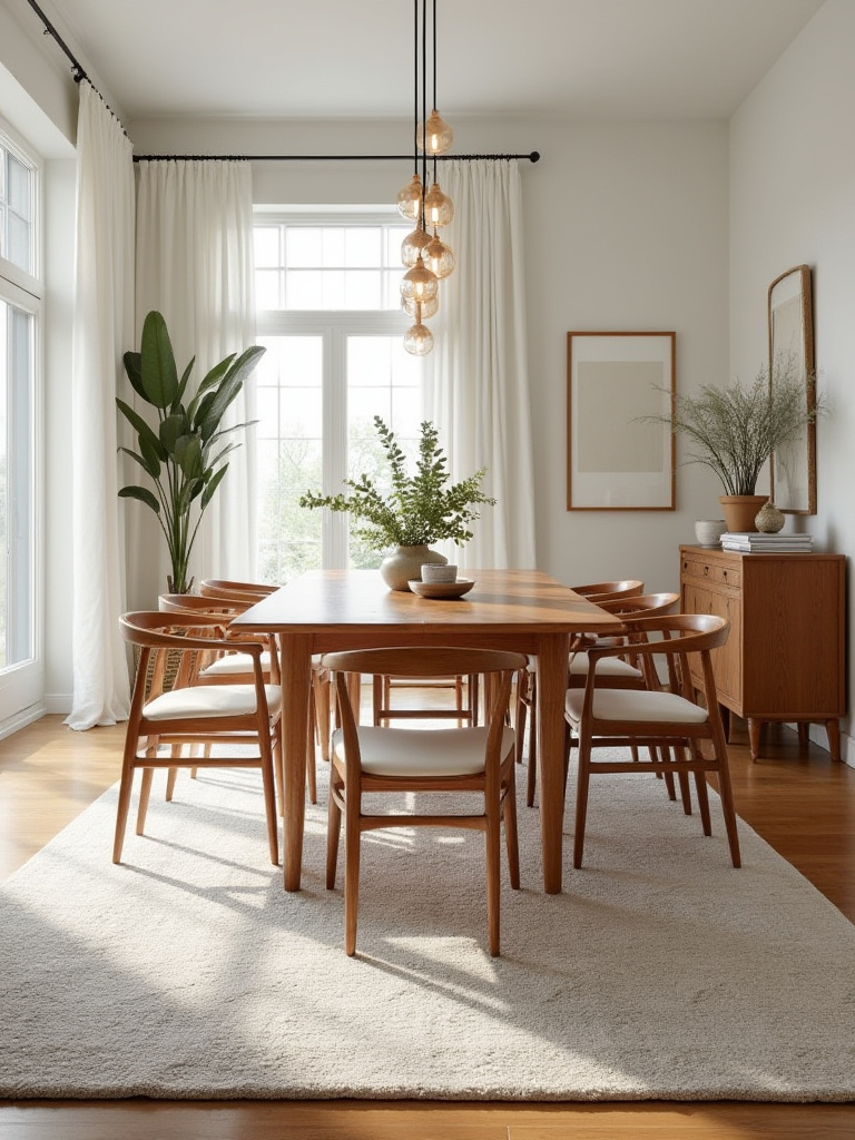 A stylish dining room with a large area rug under a wooden dining table.