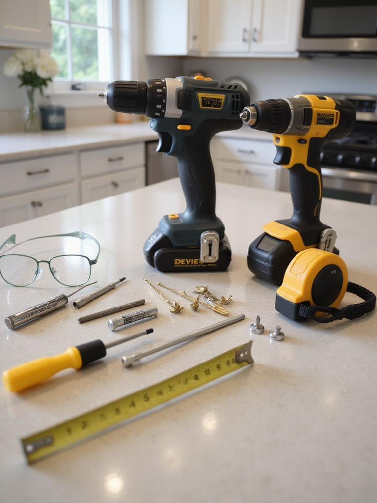 Organized tools for kitchen cabinet hardware upgrade project