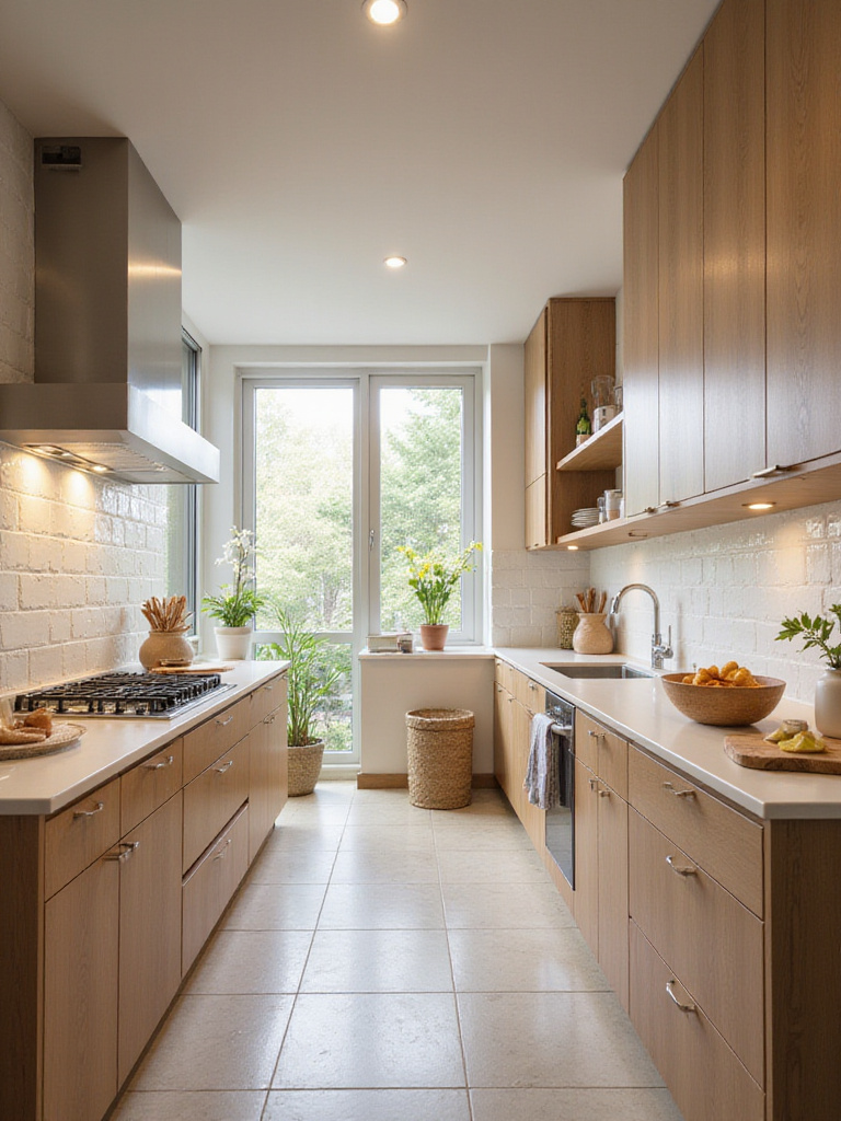A modern kitchen layout emphasizing functional zones and organized cabinets.