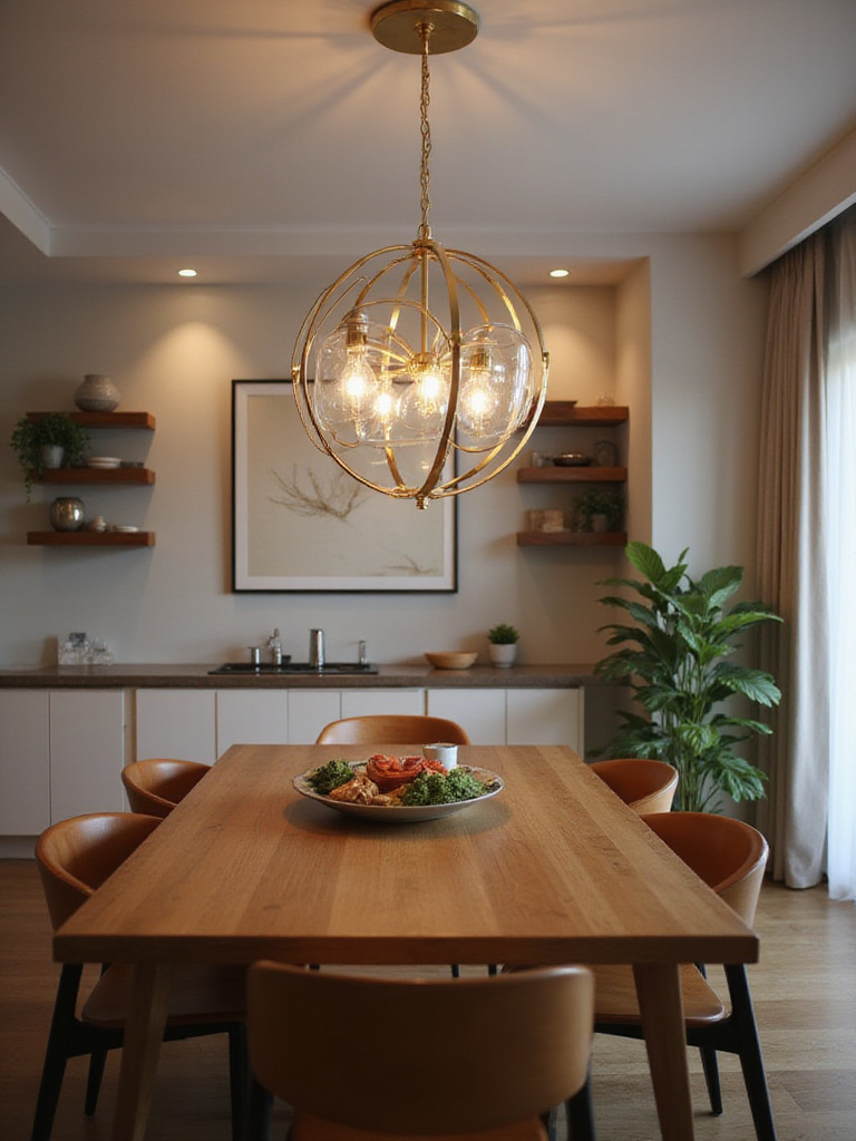 A contemporary dining room with an elegant chandelier harmonizing with decor.
