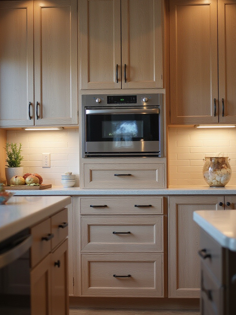 Modern kitchen cabinetry designed for smart home integration, featuring built-in smart devices and organized storage.