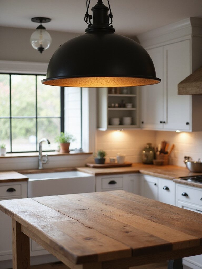 Vintage-inspired farmhouse kitchen lighting with black metal pendant over wooden island