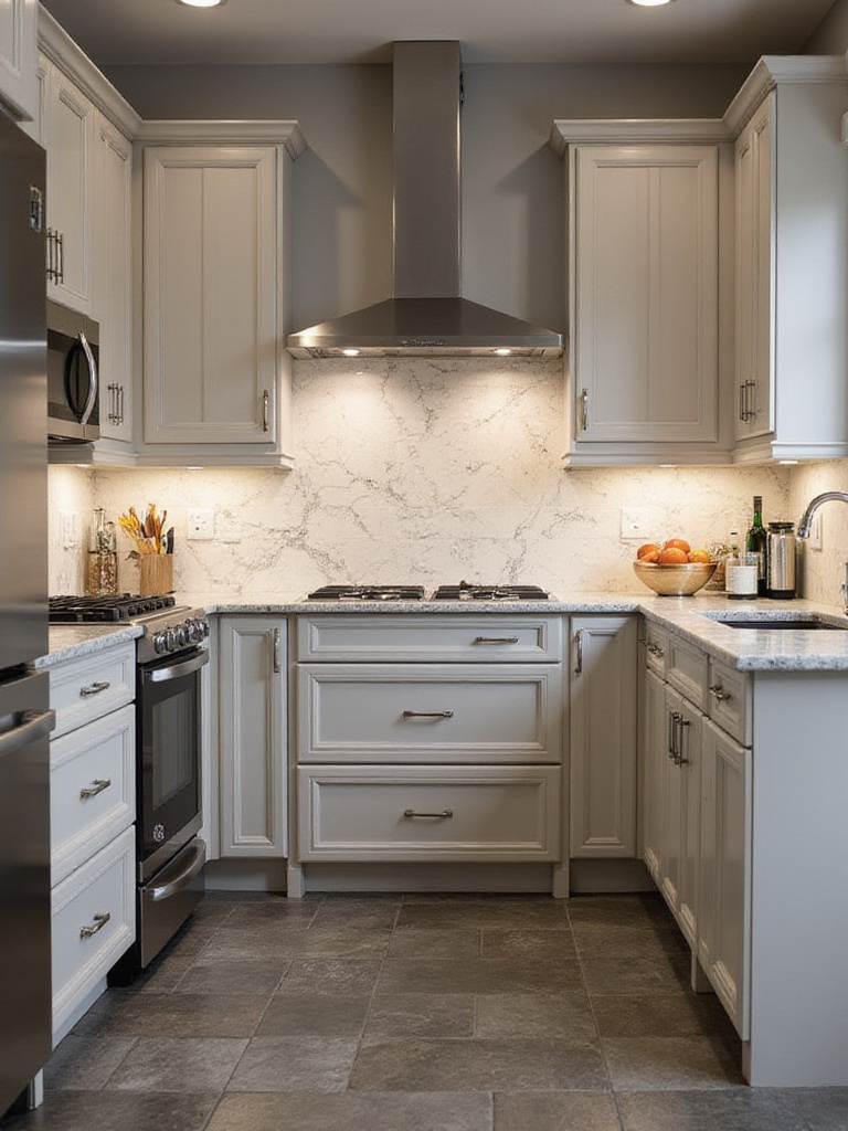 Modern kitchen featuring natural stone tiles with a marble backsplash and slate flooring.