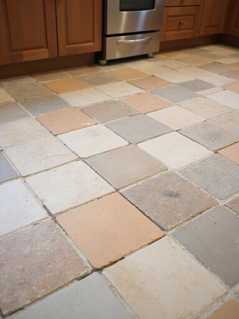 Professionally designed kitchen floor with a variety of tiles in warm lighting.