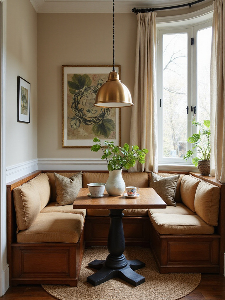 A cozy corner banquette in a small dining room, featuring comfortable upholstery and warm lighting.