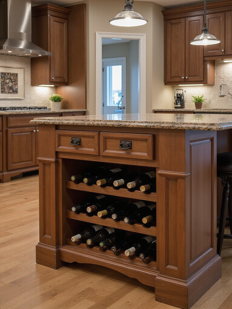 Stylish kitchen island with dedicated wine racks showcasing an elegant wine collection.
