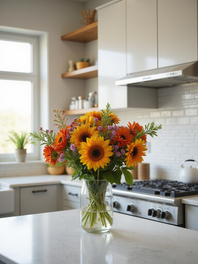 A beautifully arranged seasonal bouquet of fresh flowers on a modern kitchen countertop.