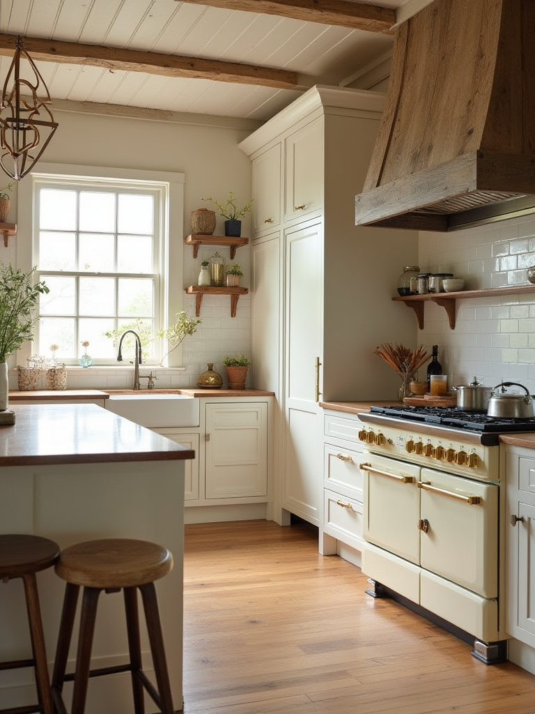Farmhouse kitchen featuring integrated appliances and rustic cabinetry