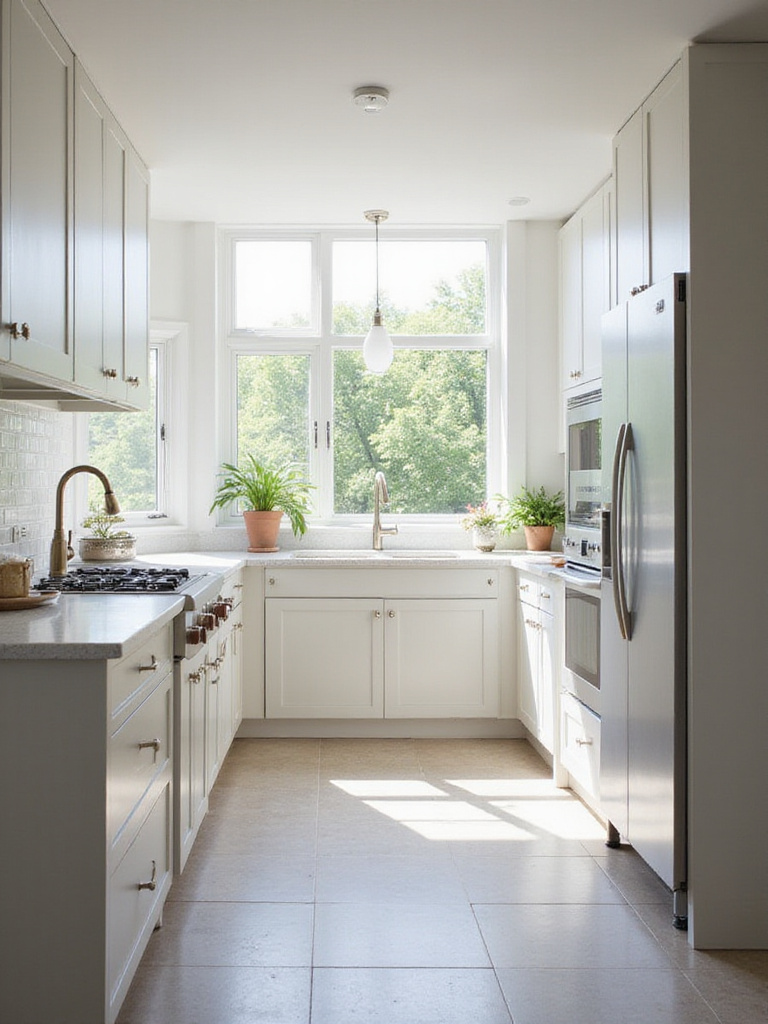 Modern kitchen illustrating the Kitchen Work Triangle principle with refrigerator, sink, and stove in optimal layout.