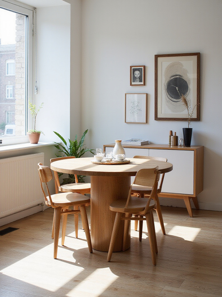 Small dining room with round table and chairs that tuck underneath