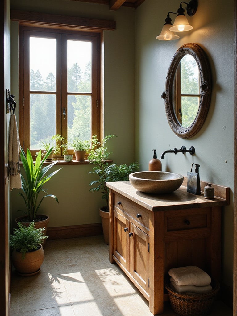 Rustic bathroom featuring earthy color palettes with serene ambiance