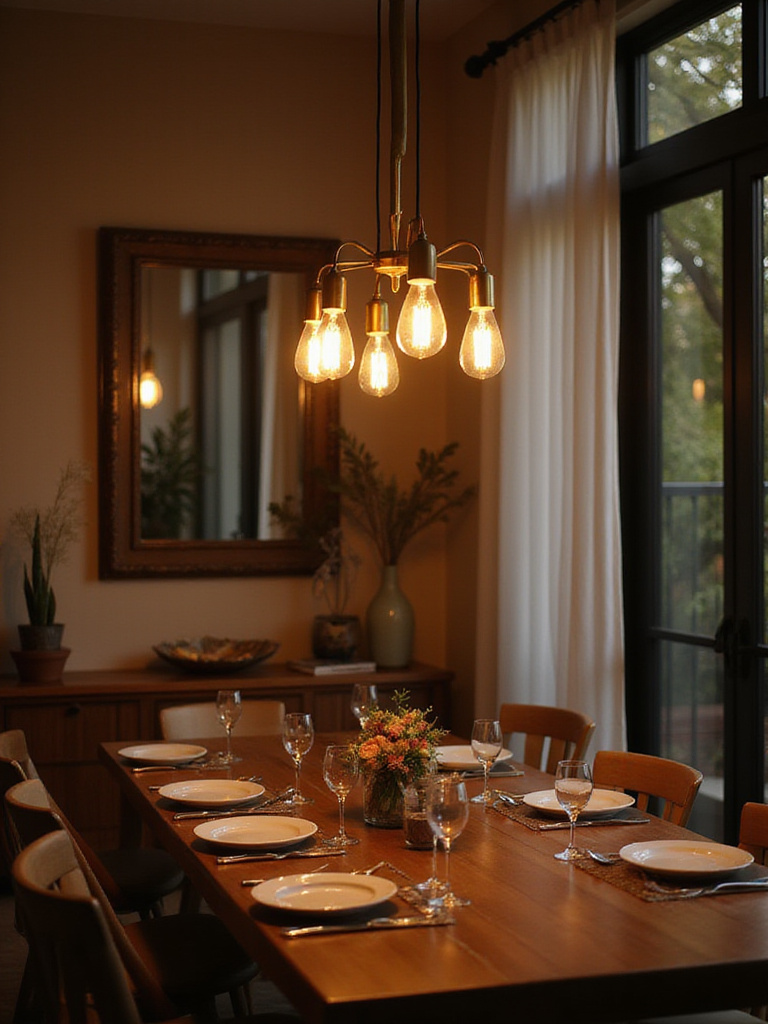 A modern dining room with eco-friendly LED bulbs illuminating a stylish chandelier and warm ambiance.