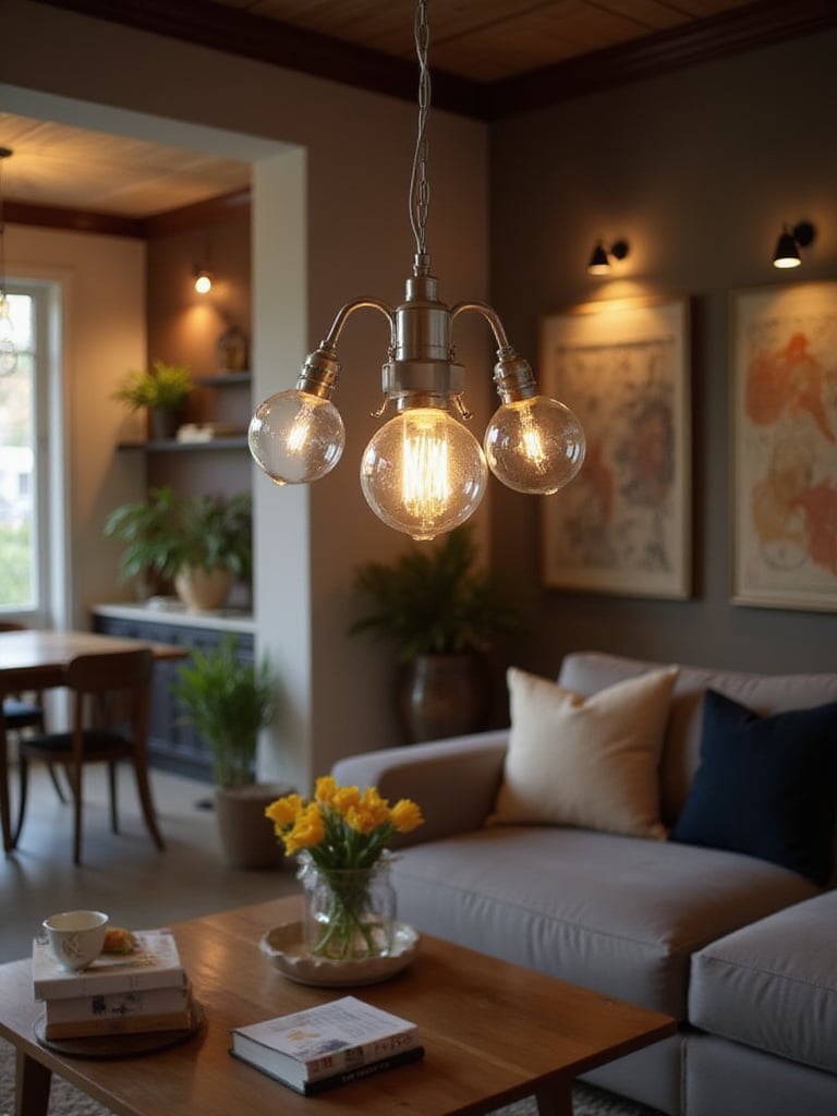 Elegant light fixture in a modern living room highlighting finishes and materials