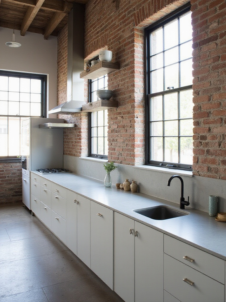 Modern kitchen featuring a seamless concrete or microcement backsplash in an urban loft setting.