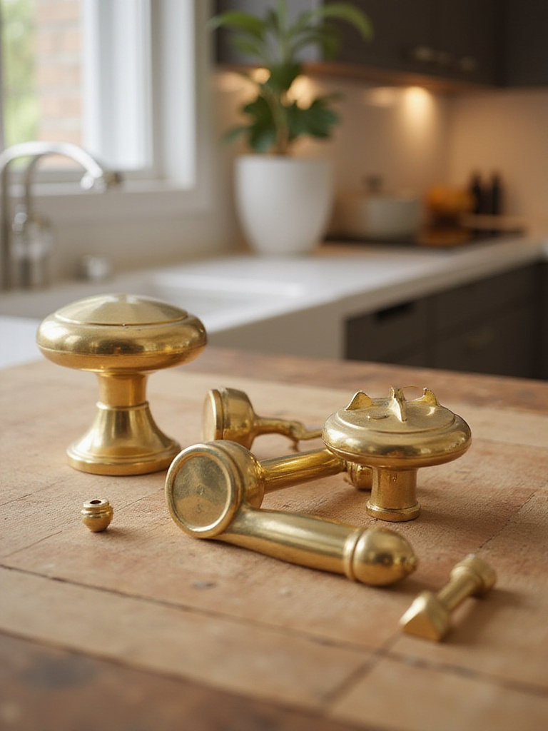 Professional photo of high-quality kitchen cabinet hardware made from solid brass