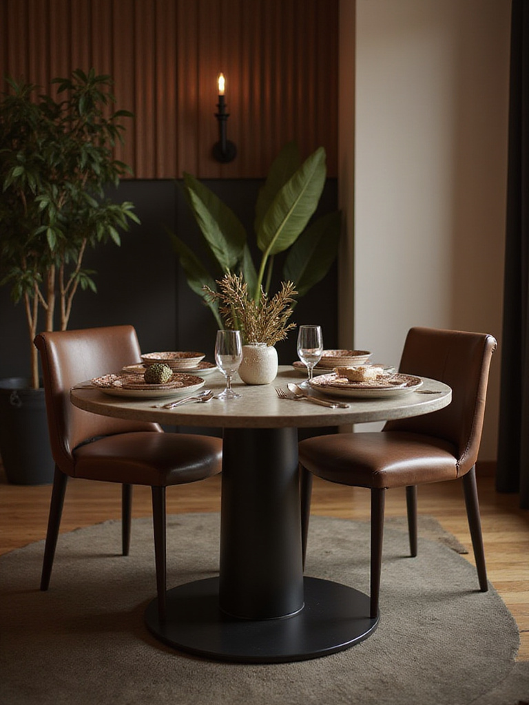 Stylish small dining room featuring a round table with elegant decor