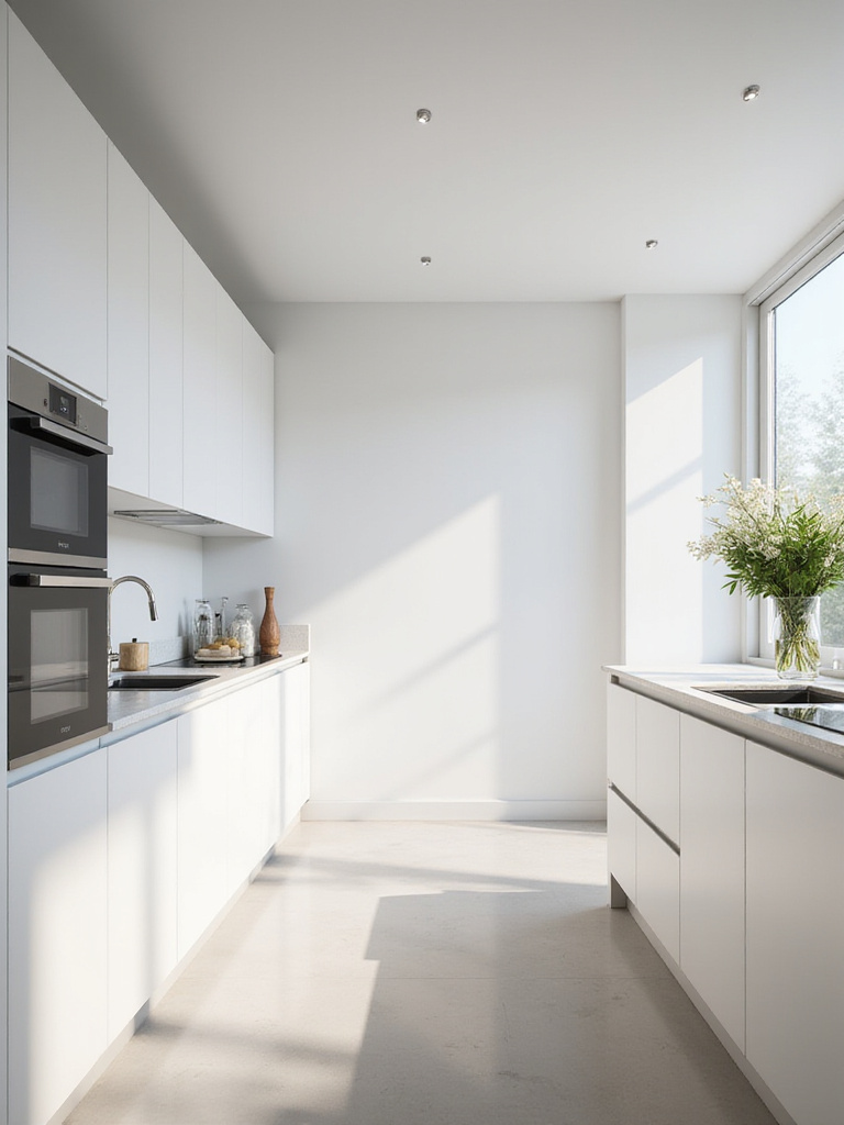 Modern kitchen with sleek flat-panel cabinetry in matte white finish