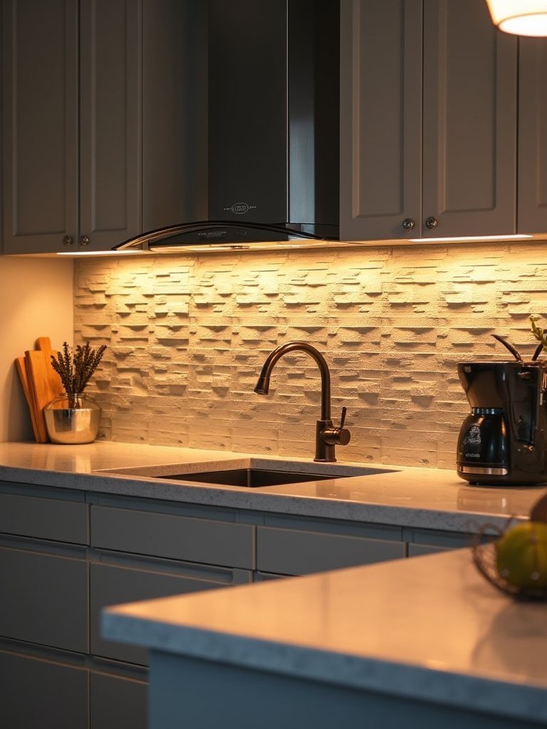 Modern kitchen with under-cabinet lighting highlighting a textured backsplash.