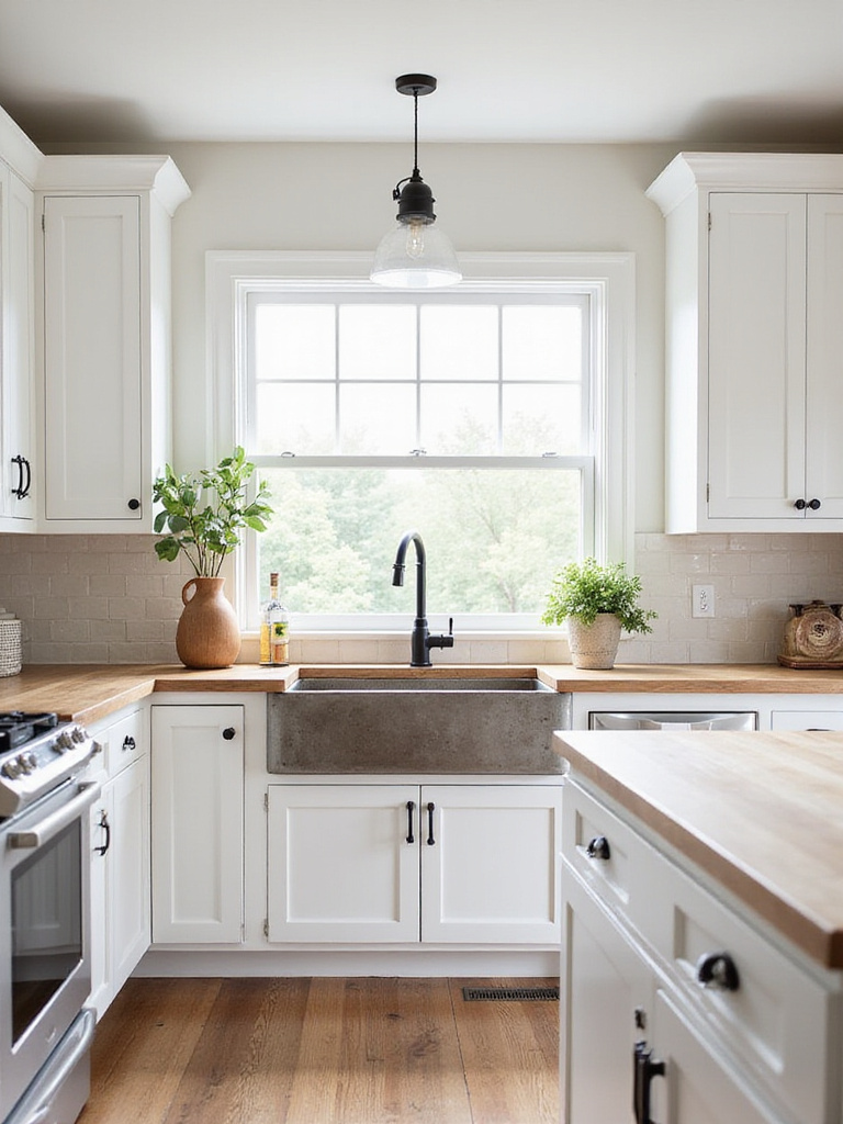 A professional photo of a farmhouse kitchen featuring Shaker cabinets with warm wooden countertops and rustic sink.