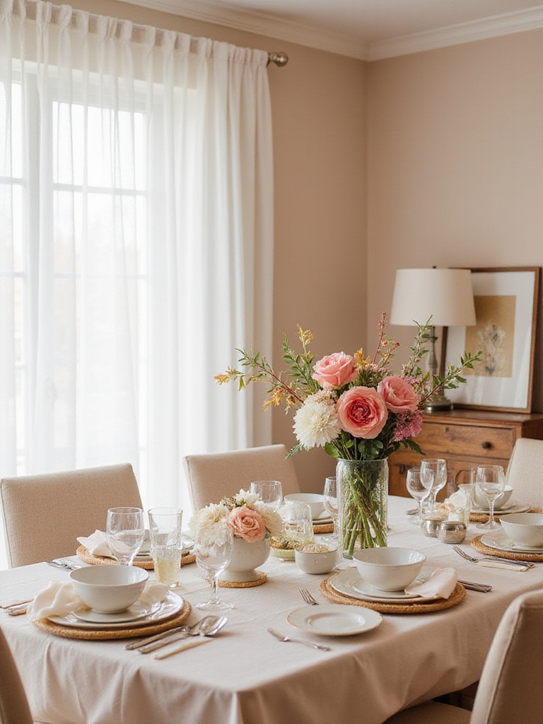 A beautifully designed dining room featuring a harmonious color palette with elegant table settings.