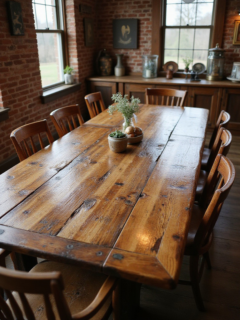 Professional photo of a reclaimed wood dining table in a rustic dining room setting.