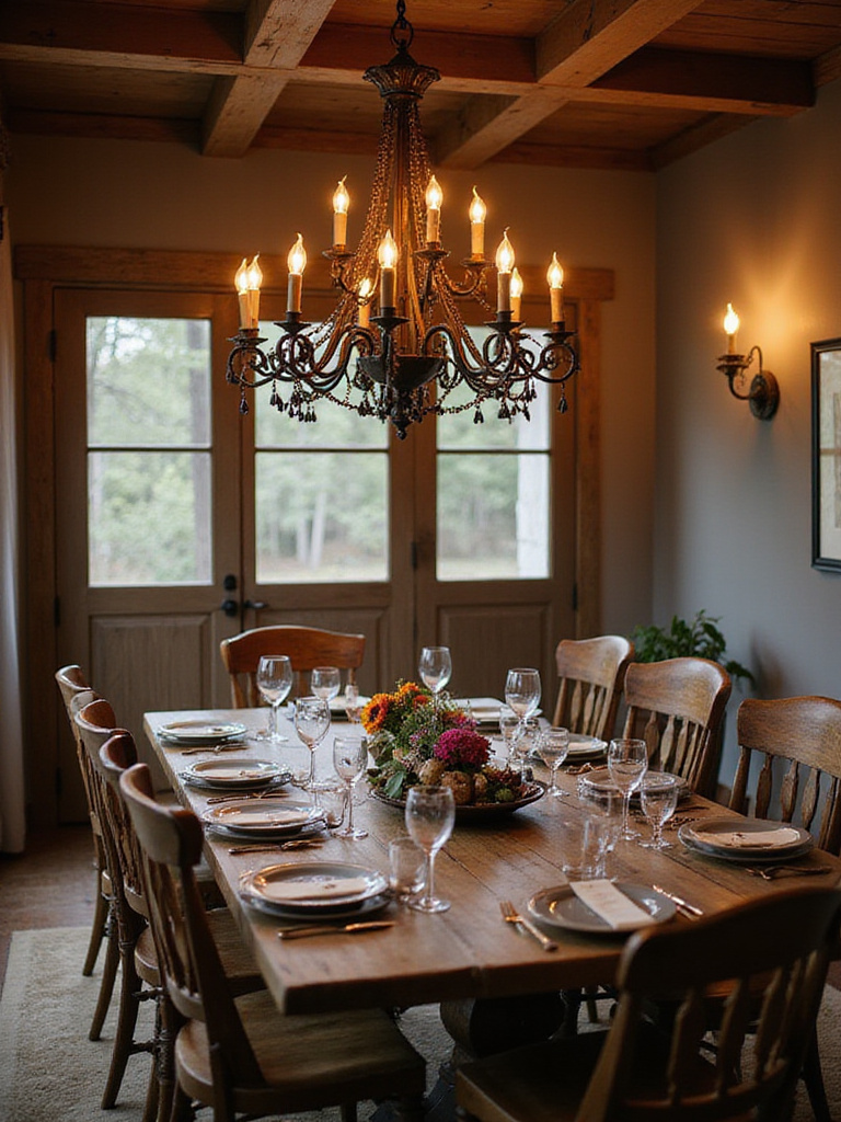 Rustic dining room with wrought iron chandelier over reclaimed wood table