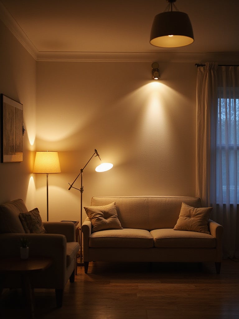 Living room with various light fixtures showing different color temperatures creating a cozy atmosphere.
