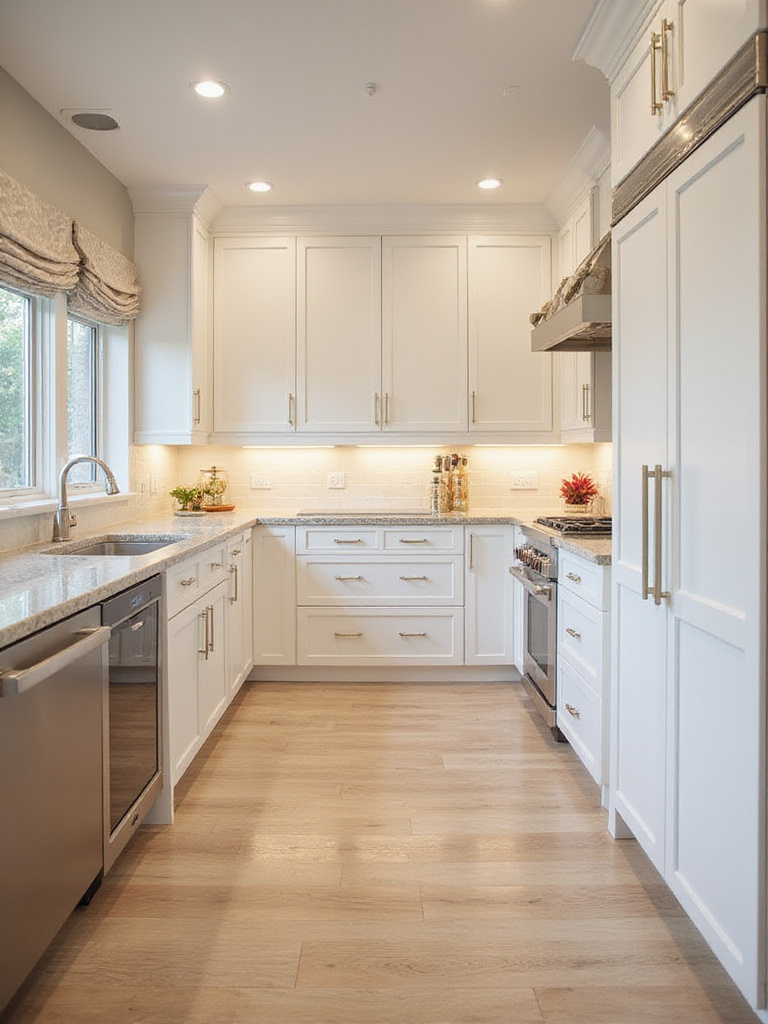 Harmonious color scheme in a modern kitchen with white cabinets and light wood tile flooring.
