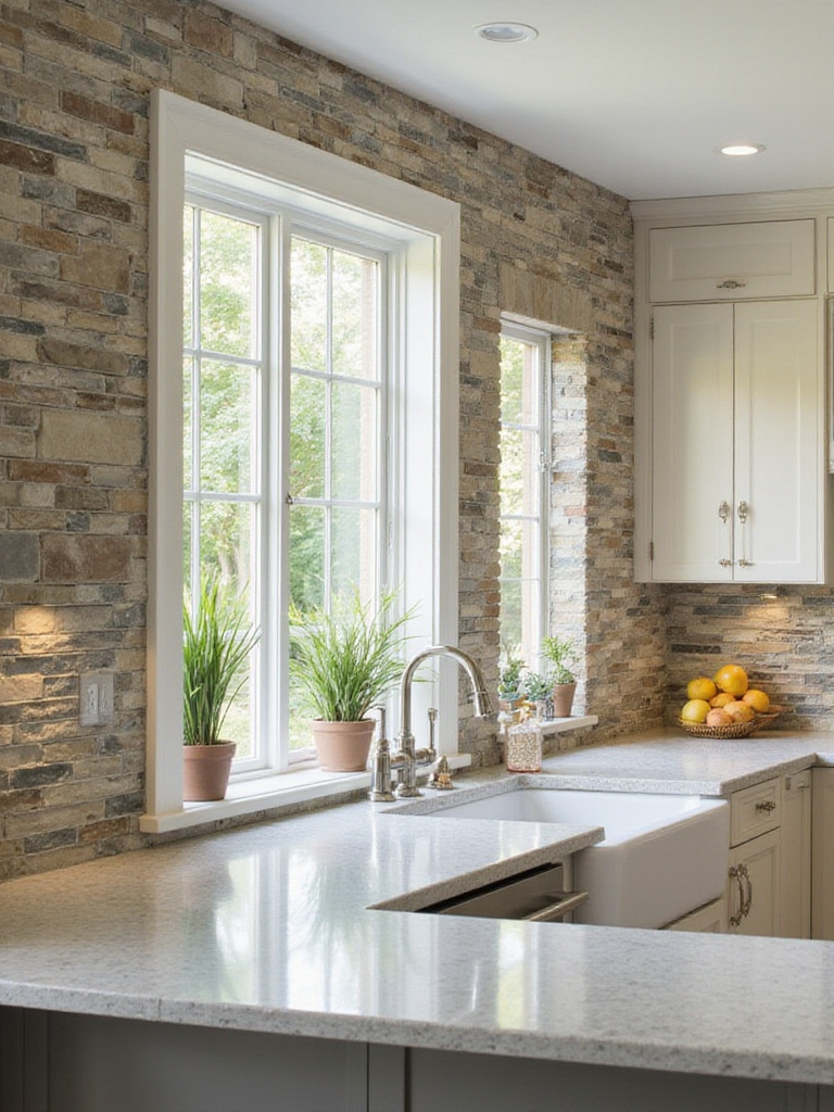 Kitchen with combined stone and glass tile materials showcasing unique texture.