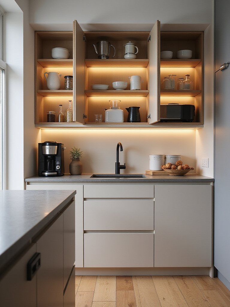 Modern kitchen with clever storage solutions for small appliances, featuring retractable cabinetry.