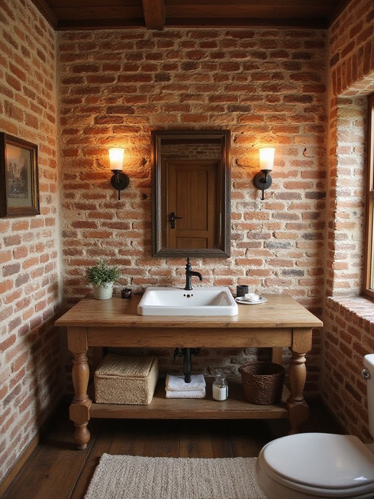 Rustic bathroom with exposed brick accent wall and vintage fixtures