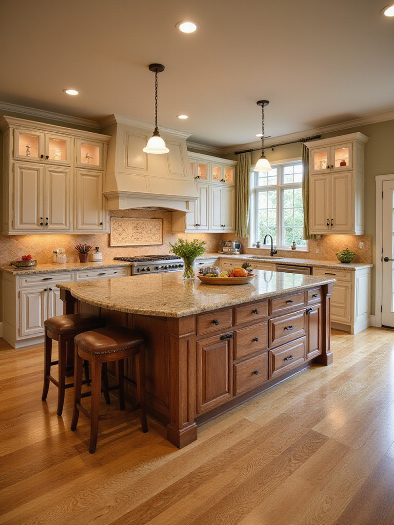 A modern kitchen with an island featuring cabinets and seating