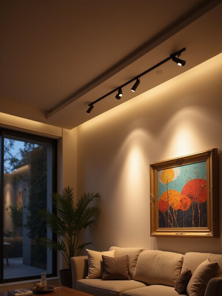 Professional photo of track lighting illuminating artwork in a modern living room.