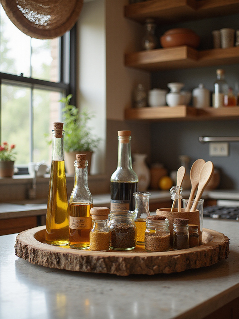 A beautifully arranged decorative tray on a kitchen countertop with oils and spices.