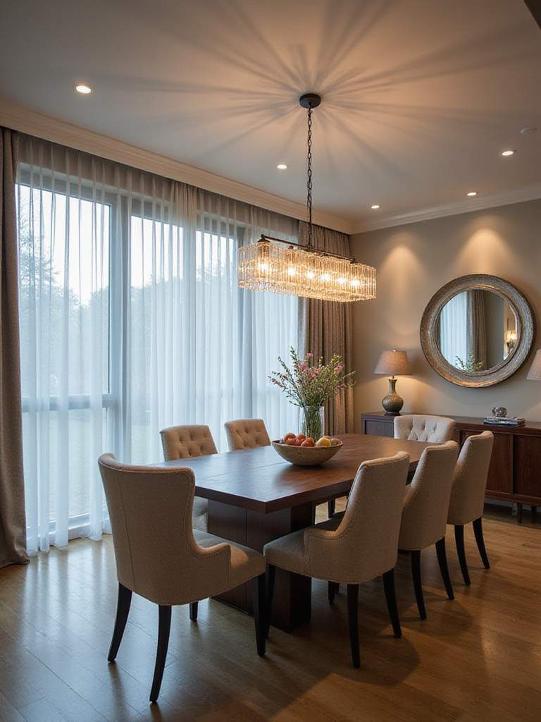 Contemporary dining room showcasing natural light synergy with stylish lighting fixtures.