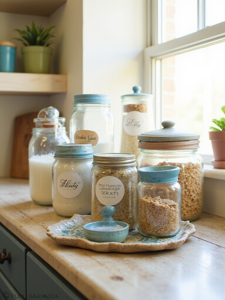 Styled kitchen countertop with personalized jars and canisters featuring custom labels and painted finishes.