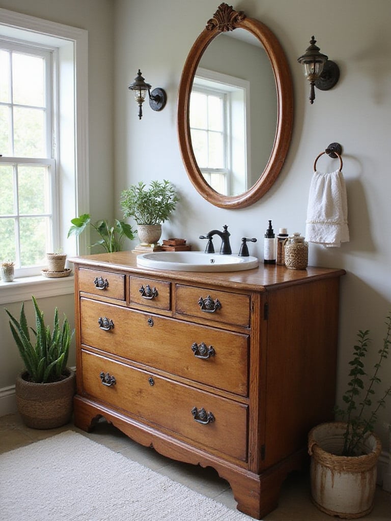 Custom vanity made from repurposed antique dresser in a rustic bathroom setting