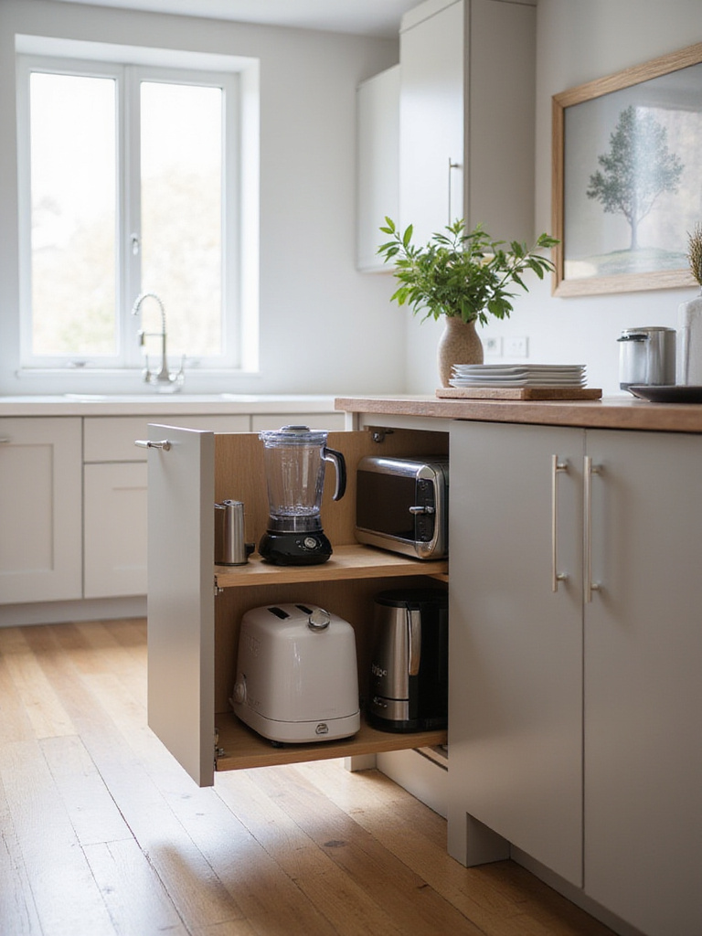Modern kitchen island with open appliance garage showcasing small appliances