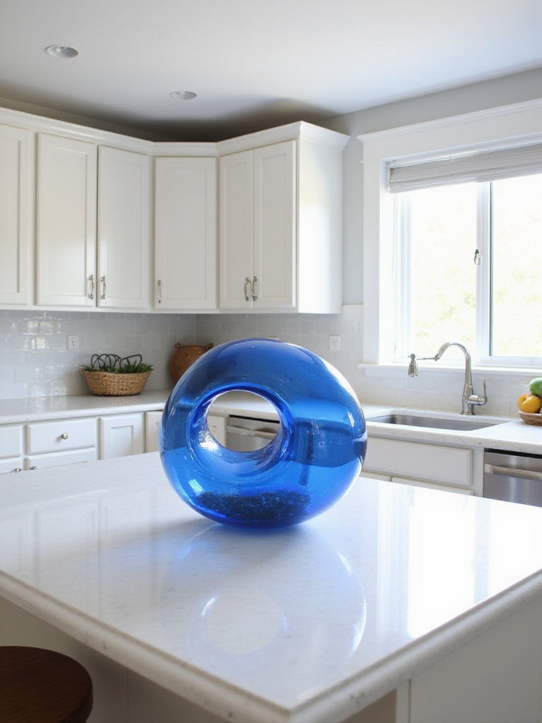 Kitchen countertop featuring a sapphire blue glass sculpture as the statement piece.