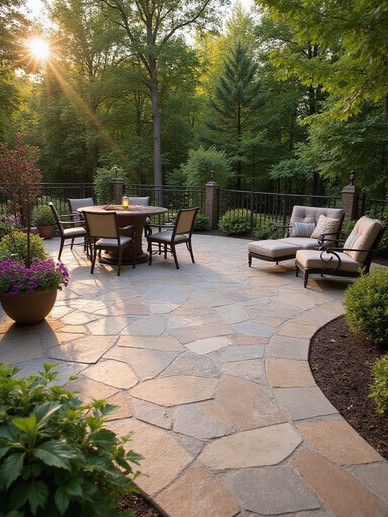 A stunning outdoor patio made of natural stone, beautifully designed with furniture and plants.