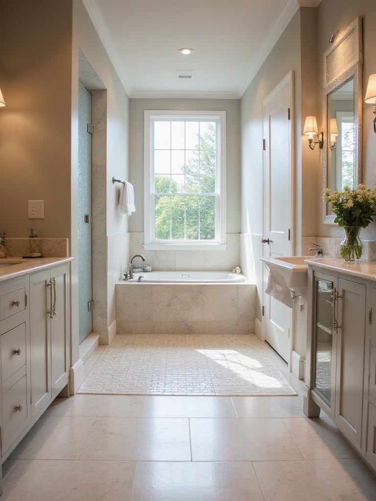 Modern bathroom with curbless shower entry showcasing seamless design.