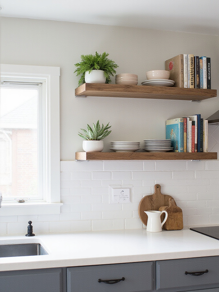 Modern kitchen with open shelving displaying dishware and plants.