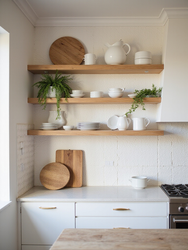 Modern kitchen with open shelving and textured white zellige tile backsplash