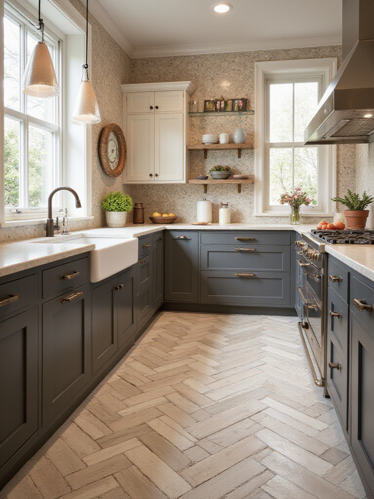 Herringbone tile pattern in a modern kitchen